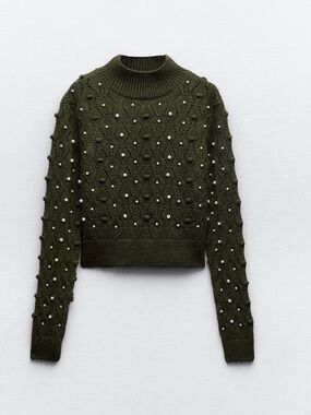 Zara Olive Green Pearl-Embellished Turtleneck Sweater